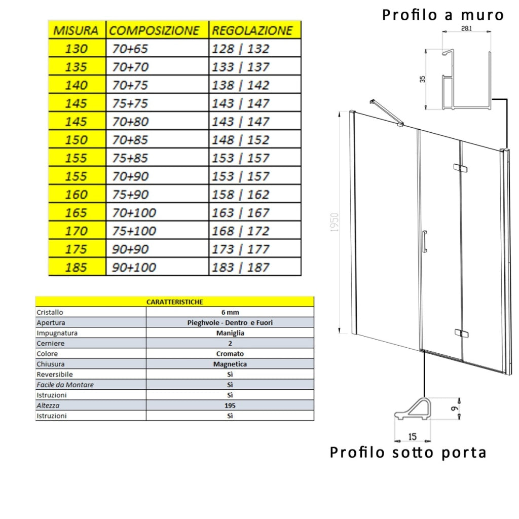 Porta doccia a soffietto senza profili in cristallo 6mm h195 rea, misura 175