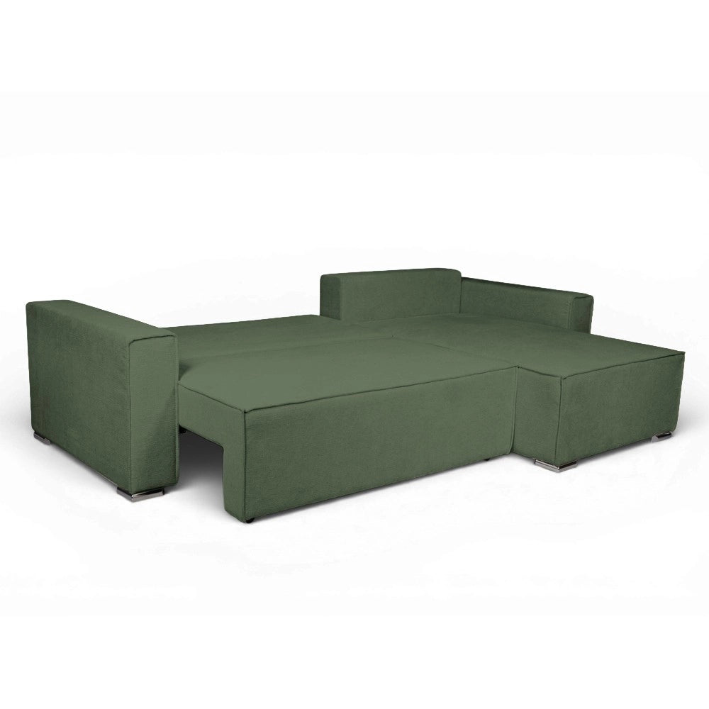 Divano Angolare Emily verde con Letto Easy Open, Contenitore e Penisola Reversibile – Comfort e Design per il Living