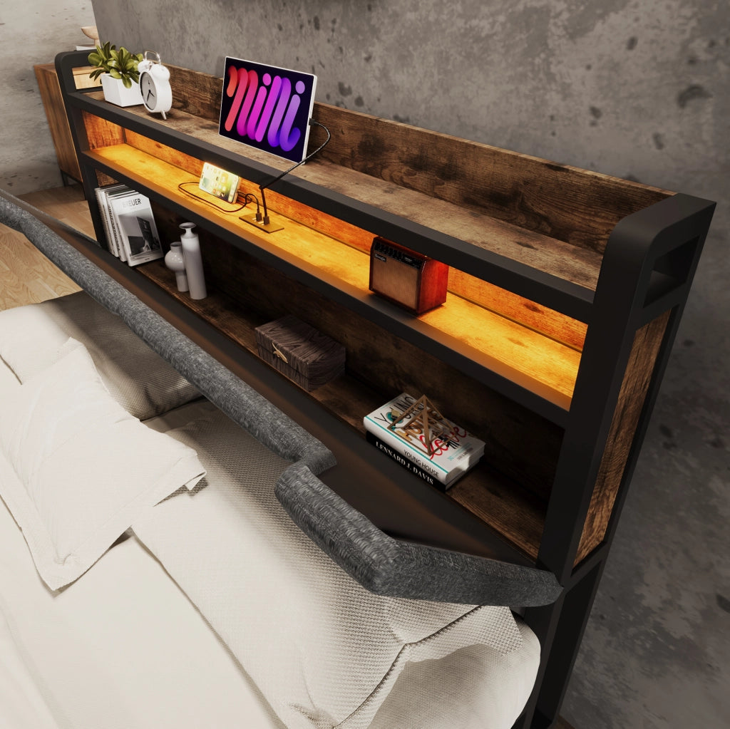 Letto matrimoniale 140x200 cm in lino grigio con testiera contenitore; LED; USB e cassetti