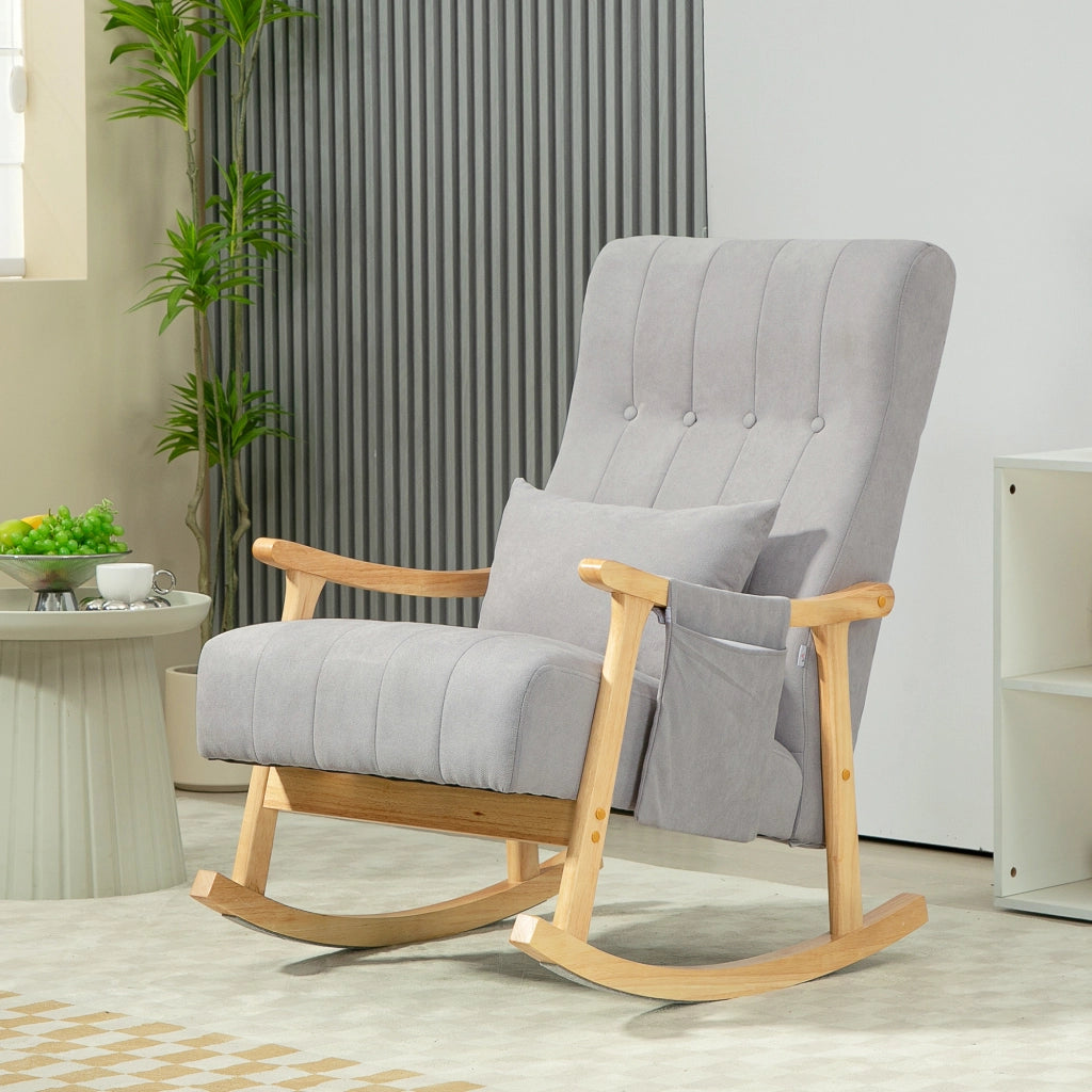 Poltrona dondolo con cuscino lombare, telaio in legno, grigio ¨C zephmum ¨C 120 kg