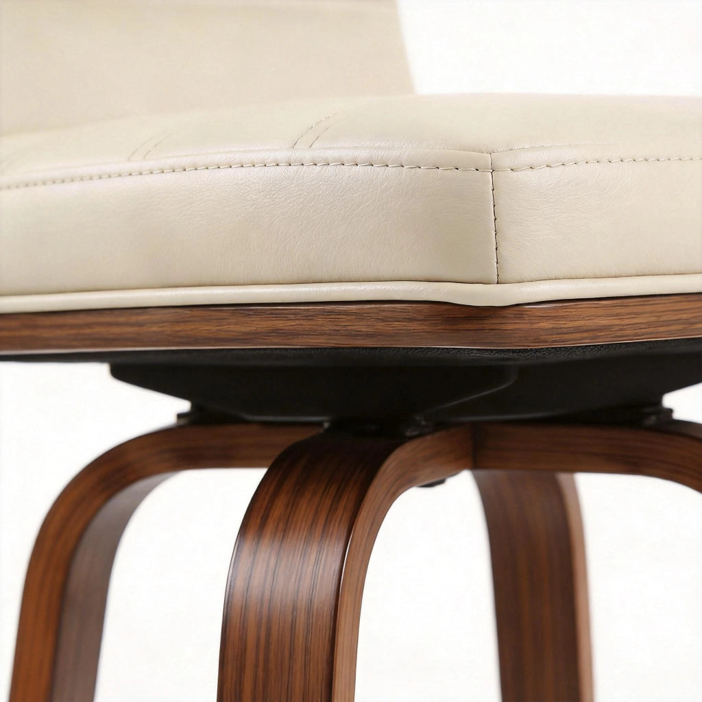 Sgabello da bar in pelle PU con schienale ergonomico, anello poggiapiedi e gambe in legno e metallo, crema