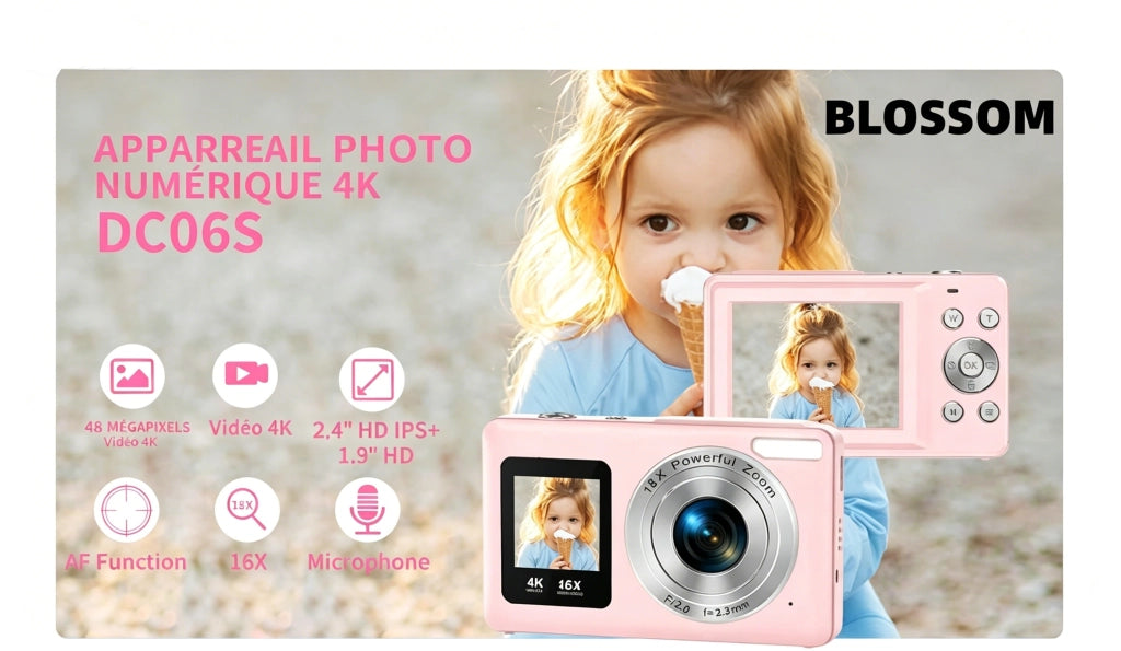 Fotocamera per bambini compatta 1080P schermo LCD 24" zoom 18X con scheda Micro SD 32G - Colore Rosa