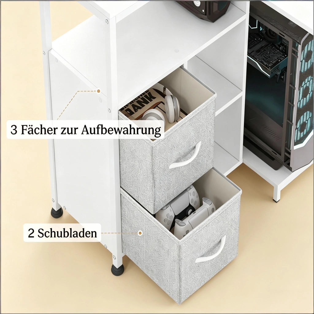 Scrivania angolare reversibile con presa multipla e vani aperti in legno metallo e tessuto bianco 80 × 120 × 75 cm