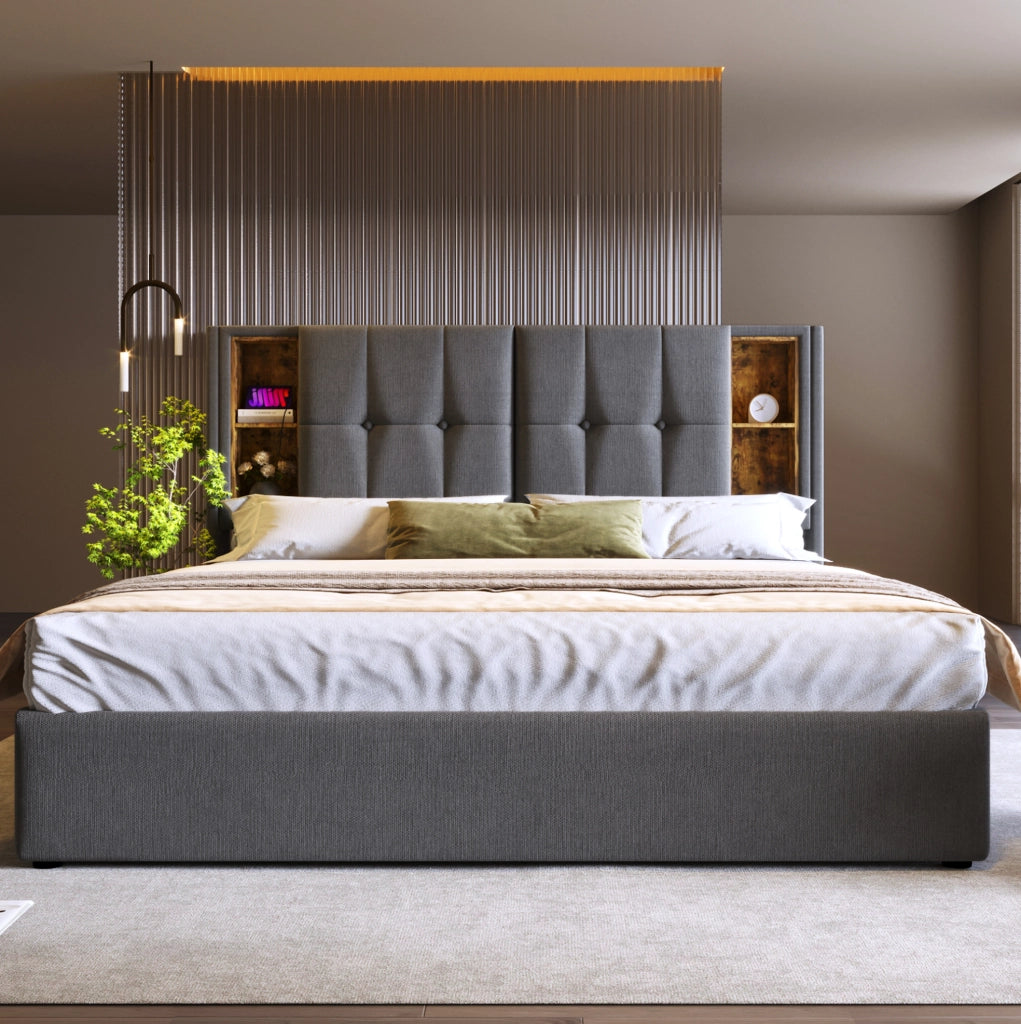 Letto matrimoniale con ricarica wireless, USB e ampio spazio contenitivo