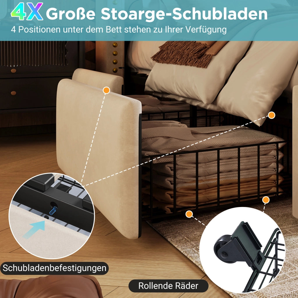 Letto matrimoniale 180x200 cm in velluto beige con LED; porte USB e 4 cassetti