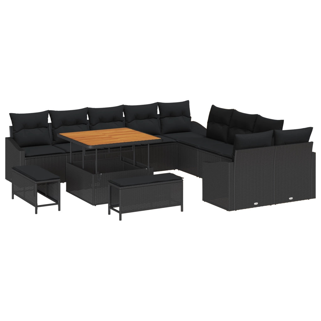 Set Divano Da Giardino  13 Pezzi Con Cuscini Nero Polyrattan Acacia