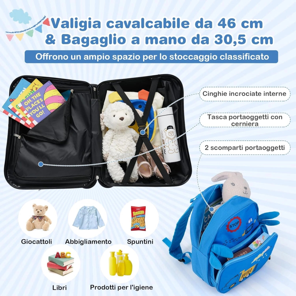 Valigia Cavalcabile per Bambini, 18" Valigia+ 12" Zaino,2 Pezzi, Trolley Bambini Bagaglio a Mano con Ruote Girevoli e Maniglia Retrattile, 2 Cingie Multiuso (Modello 9)