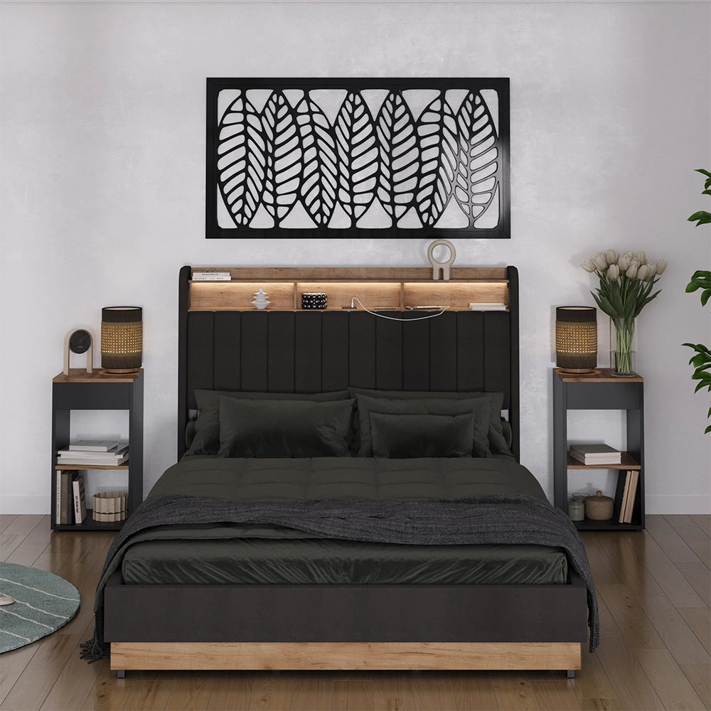 Vitalispa Letto imbottito Antracite/quercia 140x200 cm con 4 cassetti