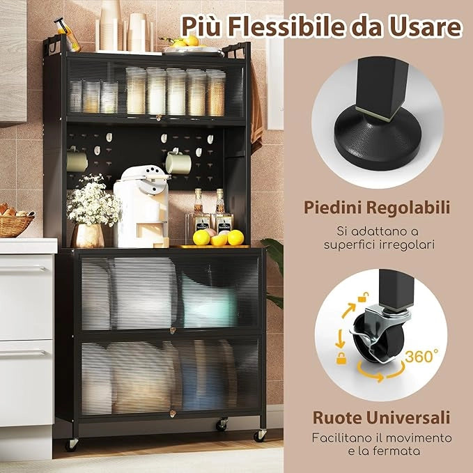 Credenza Alta per Cucina con 5 Ripiani e 3 Ante a Ribalta Traslucide, Mobile Cucina con Ruote e Panello a Ganci, Armadio Cucina Porta Microonde (80 x 40 x 160 cm,Nero)