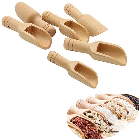 Set di cucchiai in legno, 6 pezzi di schiaccia legno mini, cucchiai per il bagno, schiaccia per il sale in legno, cucchiai per la cucina, utensili da cucina