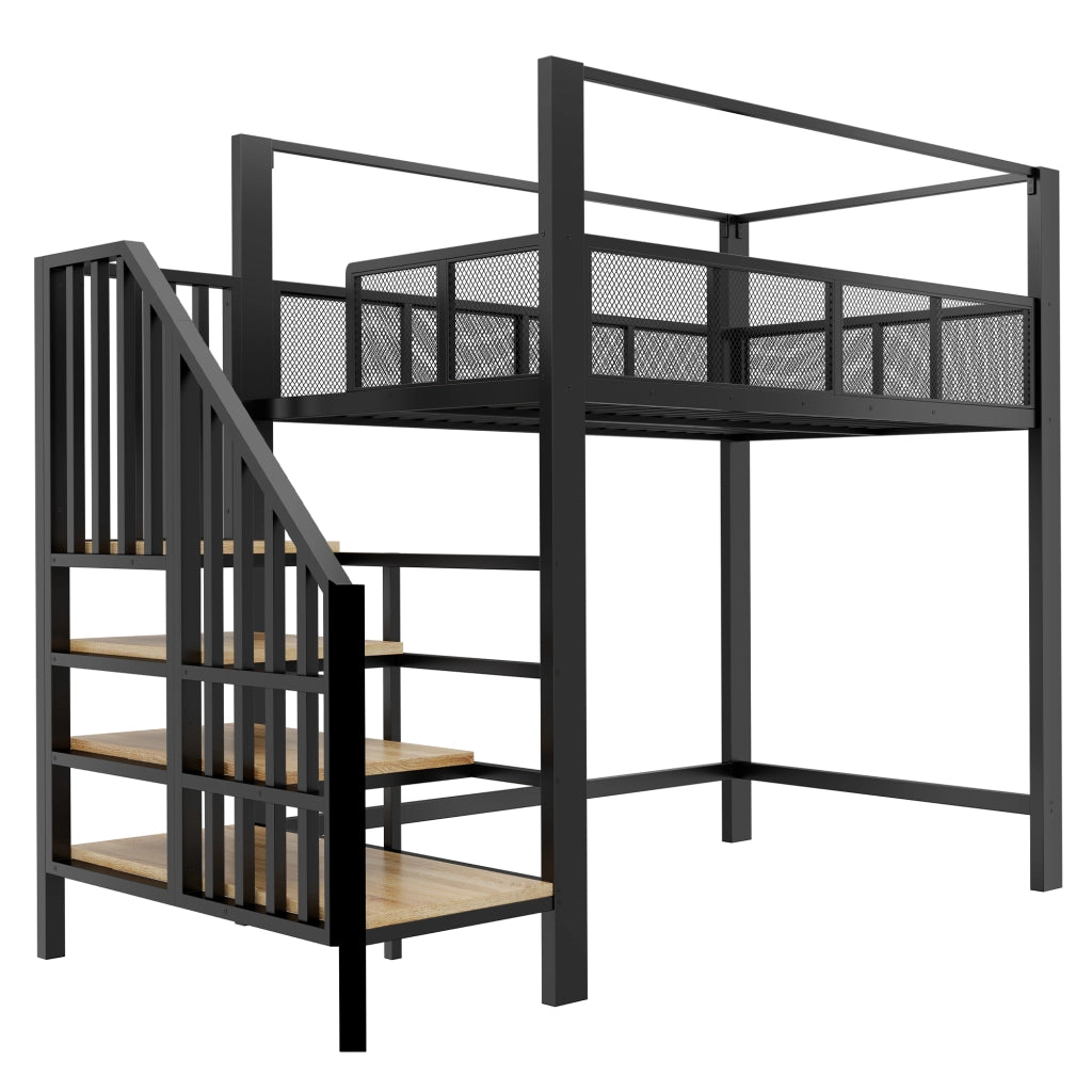 LETTO a soppalco 90x200 cm in metallo nero con scala portaoggetti