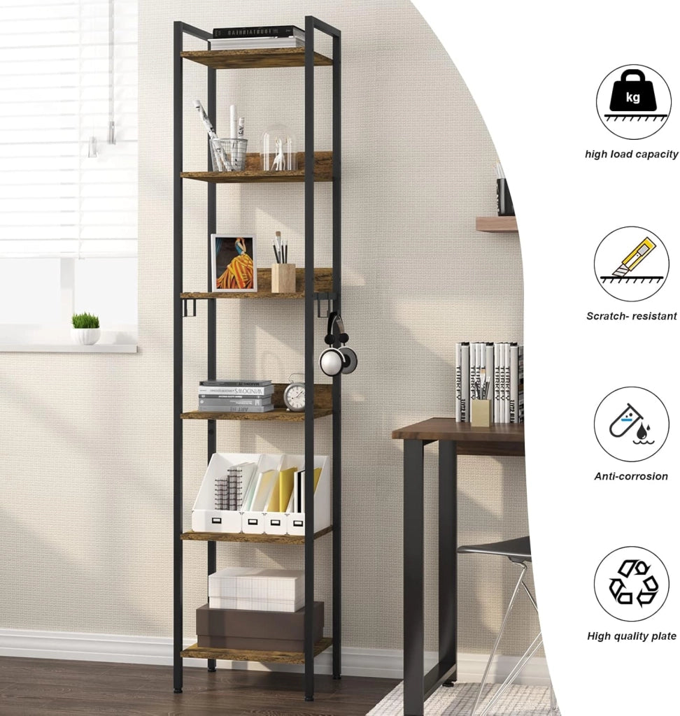 Libreria Industriale a 6 Livelli, Scaffale in Metallo e Legno per Soggiorno e Cucina, Salvaspazio con 4 Ganci, Nero + Legno Vintage, 40x30x187cm