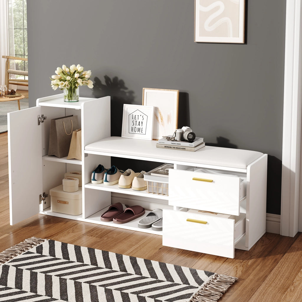 Scarpiera con 2 cassetti e 1 anta, seduta imbottita e ripiani aperti, per ingresso, bianco 128 × 30 × 68 cm