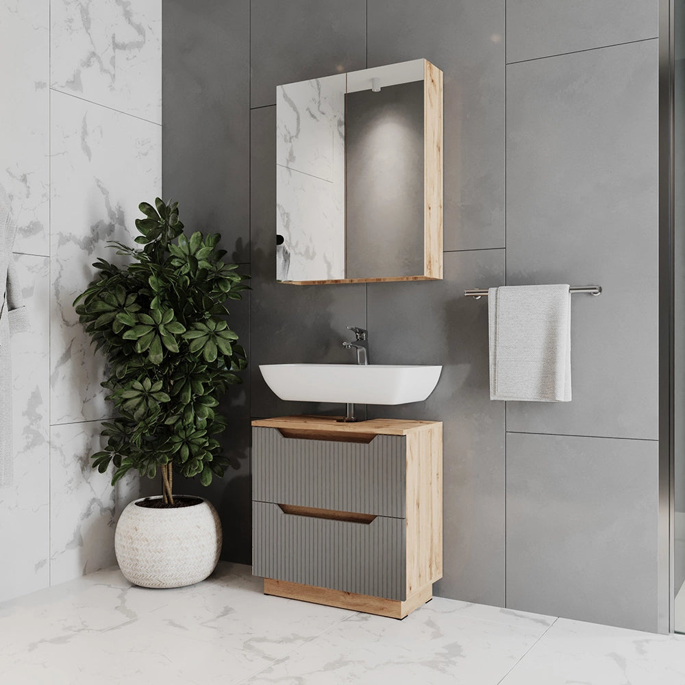 Vicco Set di mobili da bagno Rovere/grigio a righe 2 parti