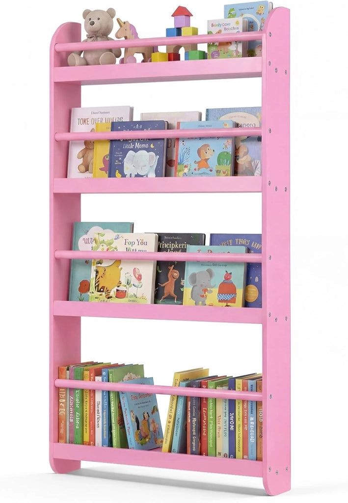Libreria da Parete per Bambini, Scaffale Portaoggetti a 4 Livelli con Barre di Protezione e Bordi Rialzati, Libreria Salvaspazio per Cameretta per Bambini 3+ Anni, 56 x 12 x 107 cm (Rosa)