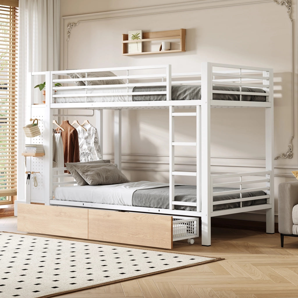 Letto a Castello 90 x 200 cm; 2 Posti; 4 Cassetti e LED in MDF e Metallo; Bianco