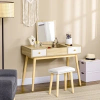 Tavolo da Trucco Moderno con Specchio Estraibile, Organizer Gioielli, 2 Cassetti e Sgabello, Color Legno