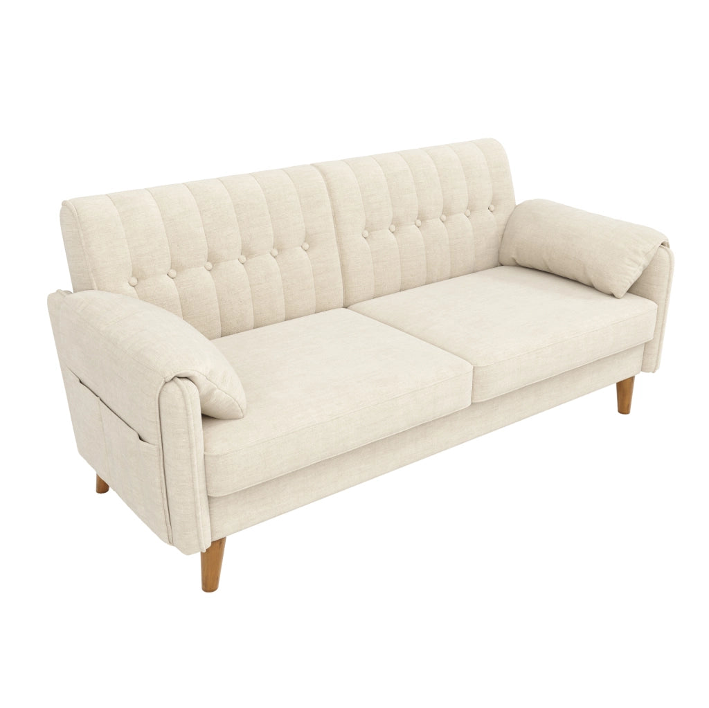 Divano 2 posti in ciniglia beige con tasche laterali e cuscini removibili HOMVRA