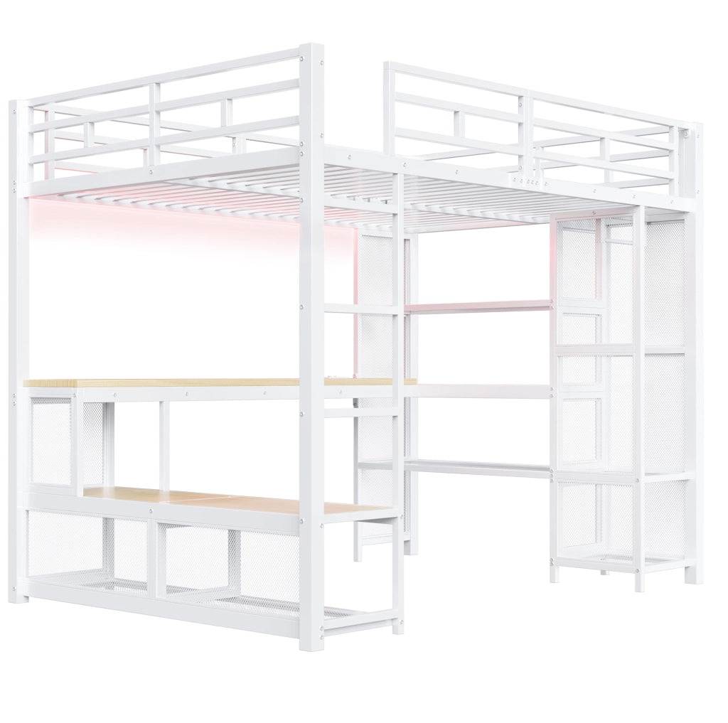 Letto a soppalco 140x200 con scrivania, LED e armadio