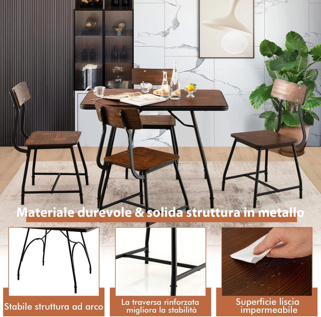 Set Tavolo e 4 Sedie da Pranzo, Set da Pranzo in Stile Industriale con Struttura di Metallo, Set Tavolo Rettangolare per Cucina Ristorante, Marrone (Set Tavolo e 4 Sedie)