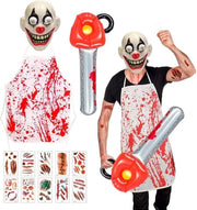 Costume di Clown Assassino Seriale - Costume da Halloween con Maschera Horror e Adesivi Sanguigni - Veste e Cintura con Catenaccia Inflabile per Halloween e Festa di Carnevale Tema Horror .