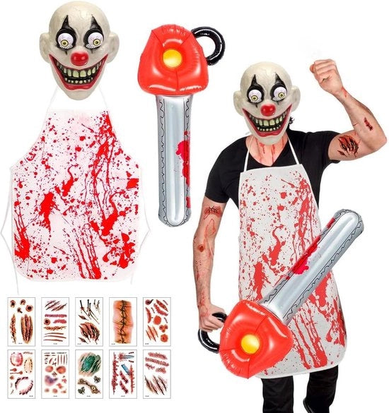 Costume di Clown Assassino Seriale - Costume da Halloween con Maschera Horror e Adesivi Sanguigni - Veste e Cintura con Catenaccia Inflabile per Halloween e Festa di Carnevale Tema Horror .
