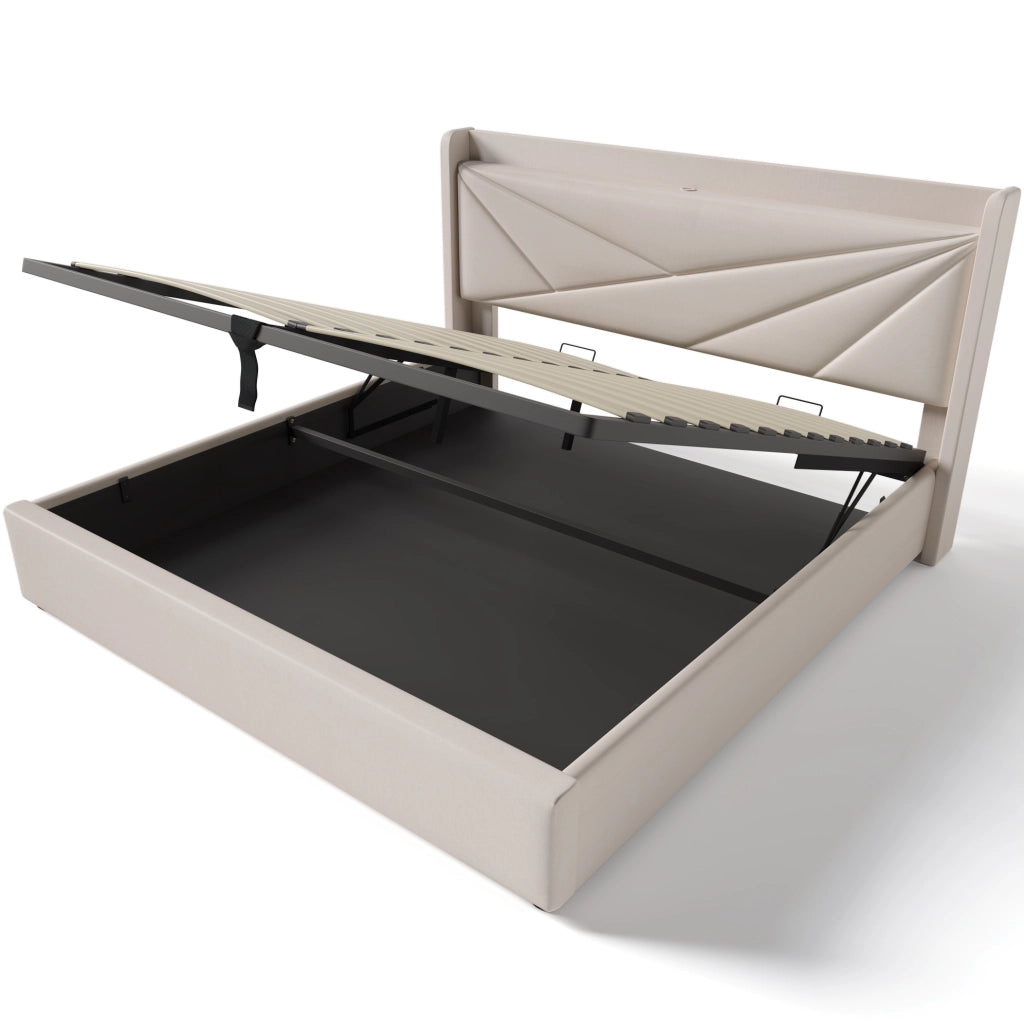 Letto matrimoniale con contenitore 180x200 cm in cotone e lino beige; con USB e Type-C