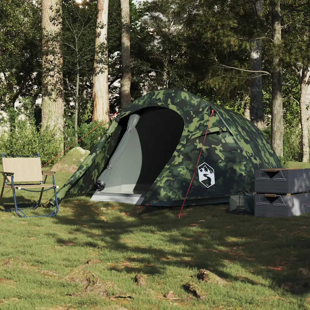 Tenda da Campeggio a Tunnel per 3 Persone-Tenda per Escursionismo Mimetico Impermeabile