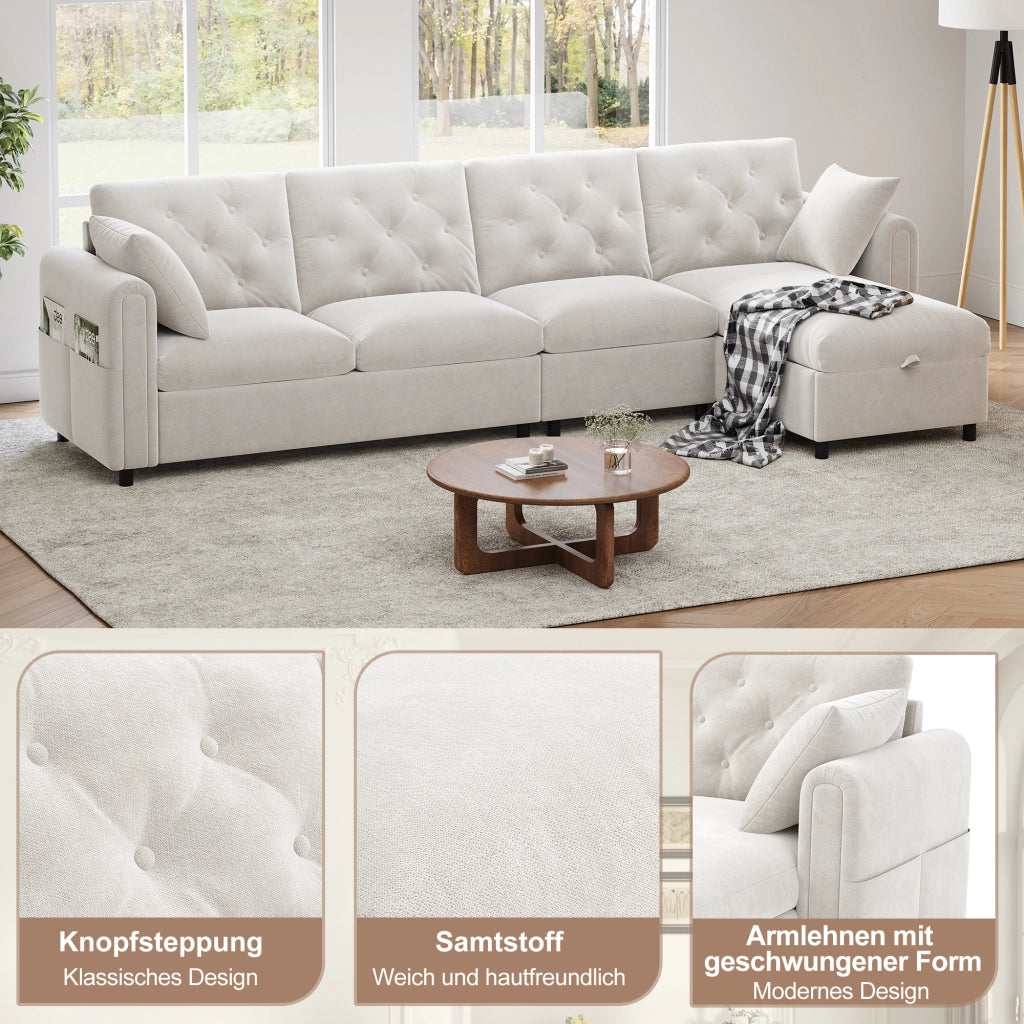 Divano angolare convertibile con vano contenitore e tasca laterale in velluto beige 281 × 132 × 86 cm