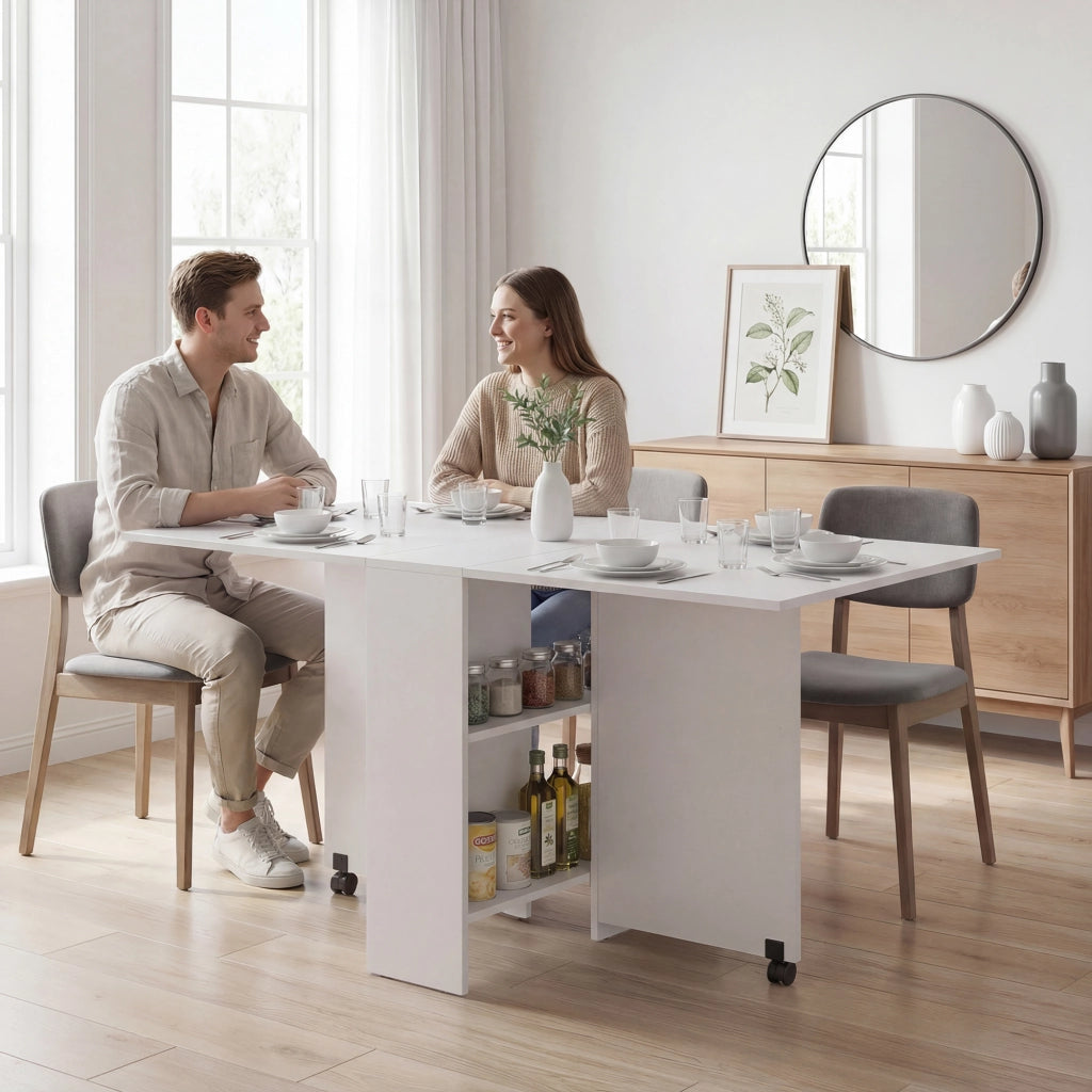 Tavolo da pranzo allungabile pieghevole con ruote ¨C zephmum ¨C bianco 75x140x74 cm