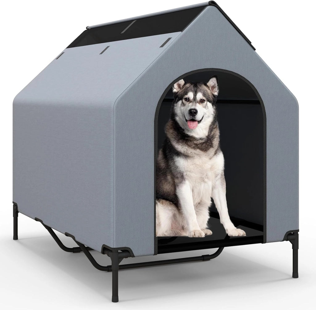 Casetta per Cani, Letto Rialzato per Cani con Copertura Rimovibile ed Impermeabile e Finestre Ventilate, Cuccia Cane Esterno ed Interno Taglia Piccola/Media/Grande (84 x 132 x 114 cm)