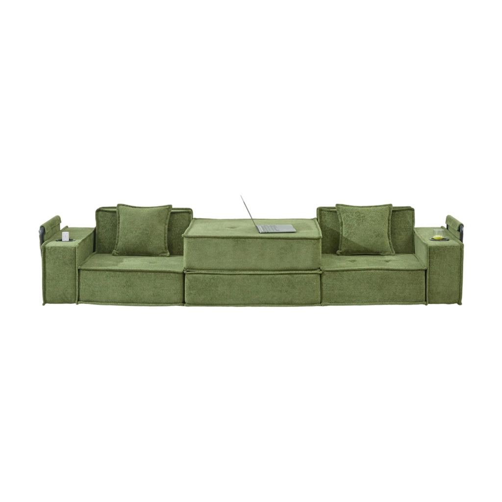 Pouf sofa modulare in ciniglia verde con 2 cuscini; 162x78x66 cm