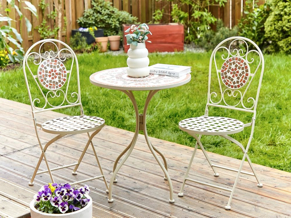 Set da giardino in metallo con tavolo e sedie a mosaico Bianco esterno stile vintage