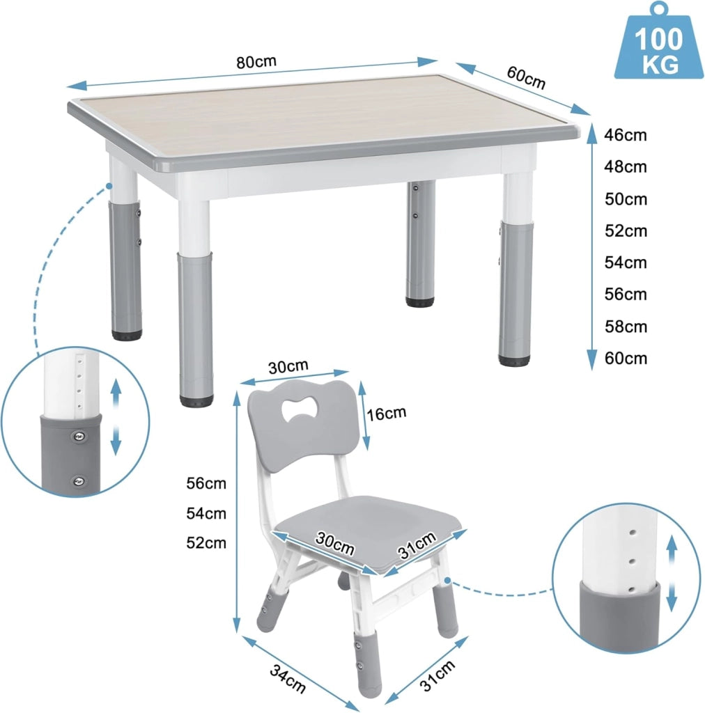 Tavolo per bambini con 2 sedie, set da tavolo per bambini, regolabile in altezza, 3 pezzi, in plastica, per cameretta dei bambini, da 2 anni, 80 x 60 cm