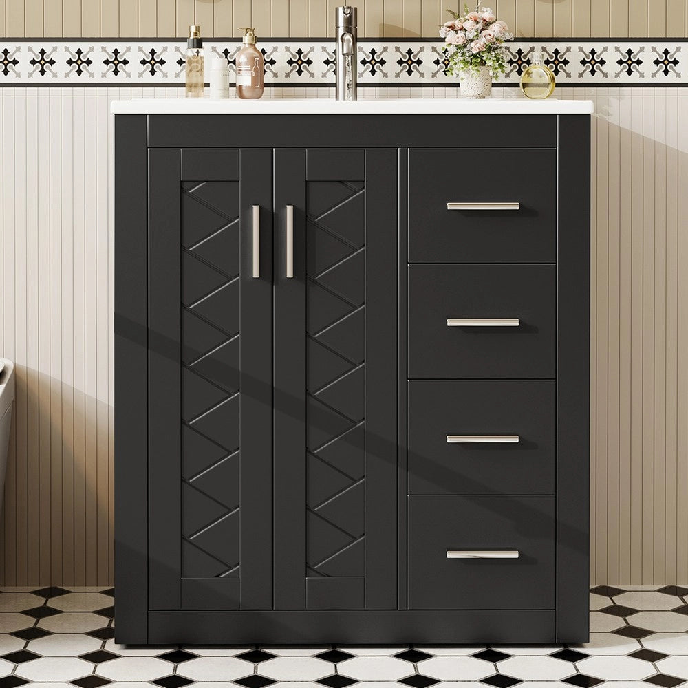 Mobile Sottolavabo con Lavabo Integrato ¨C Xylo ¨C Nero, 3 Cassetti, Ante Soft-Close, 76x46x85
