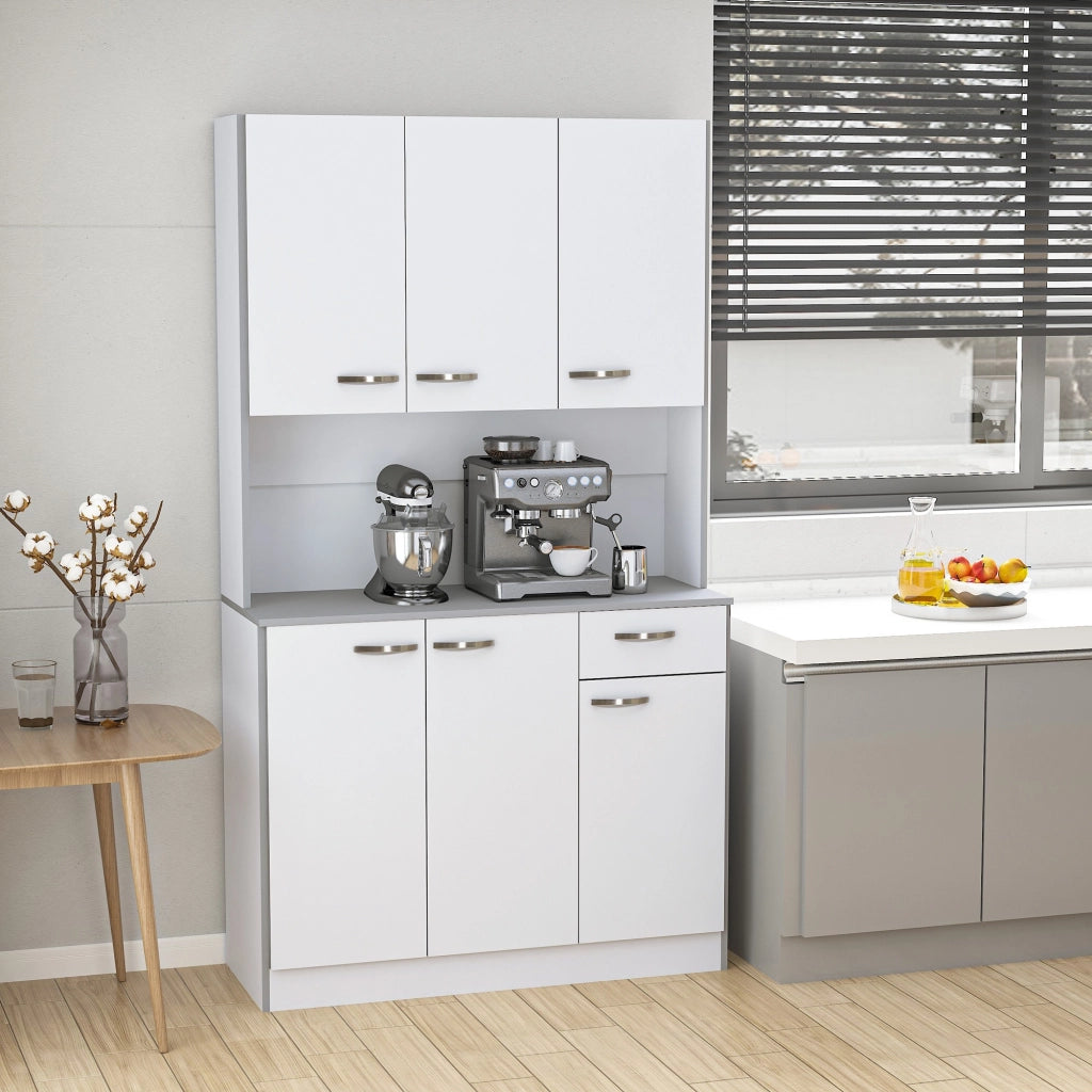 EasyComfort Credenza Cucina Moderna con Cassetto e Armadietti, in Legno, 101x39x180 cm, Bianco e Grigio