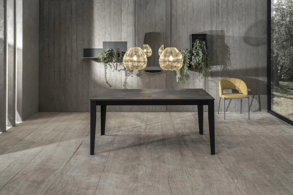 Tavolo allungabile cemento grigio- metallo nero 90 cm x 156- 316 cm H. 76 cm