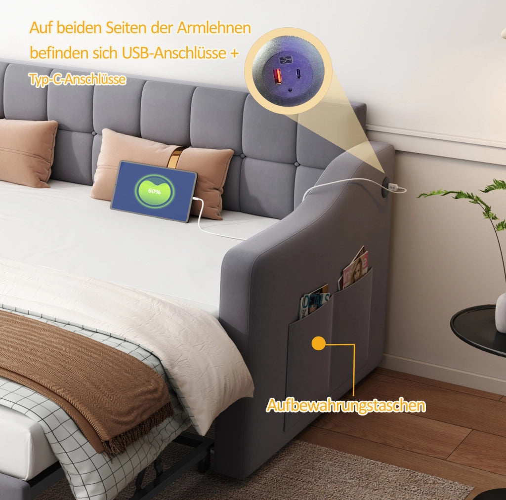 Divano letto 2 in 1 in velluto grigio con contenitore e prese USB, 90/180 cm