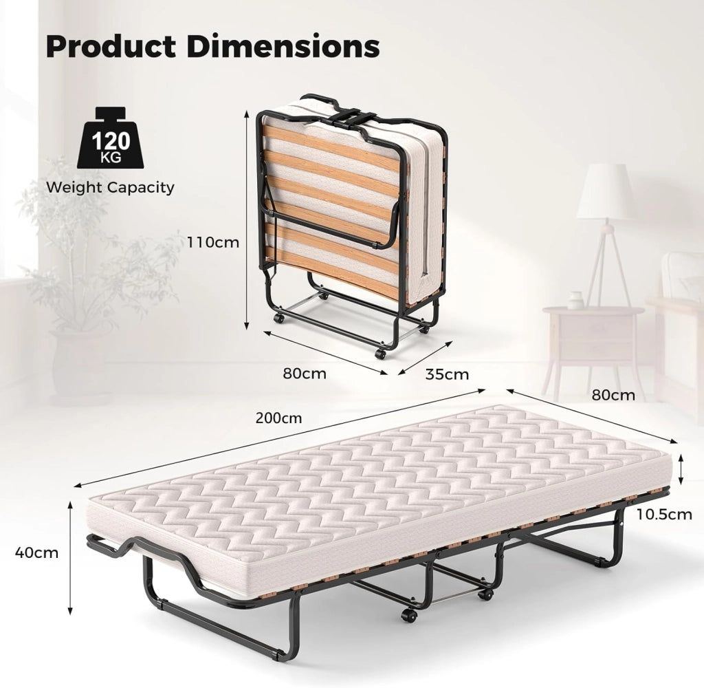 Letto Pieghevole 80x200 cm, Lettino Pieghevole per Gli Ospiti con 4 Ruote, Sgabello e Bracci, Letto da Viaggio per Adulti con Memory Foam, Doppia Sedia a Doghe, Made in Italy