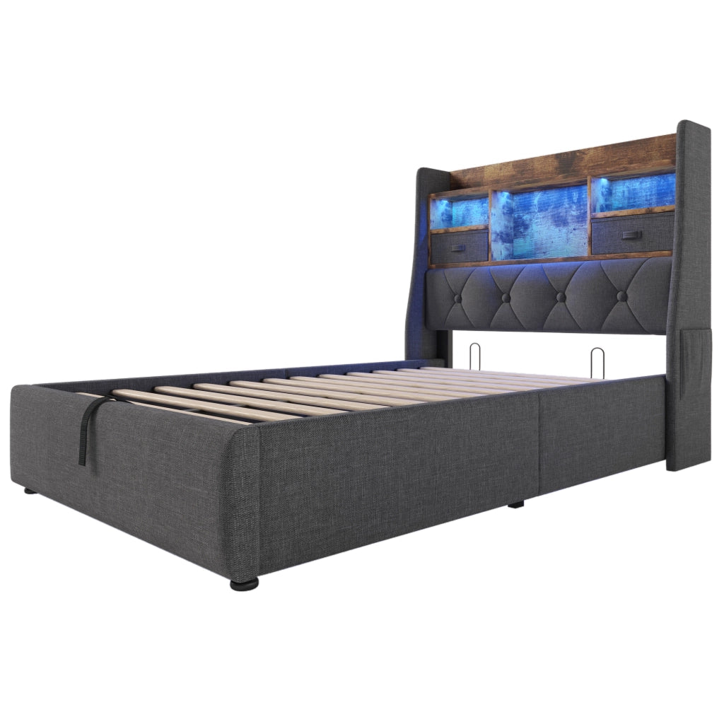 Letto imbottito 90x200 cm con contenitore idraulico, LED e prese USB/Type-C, con materasso, grigio