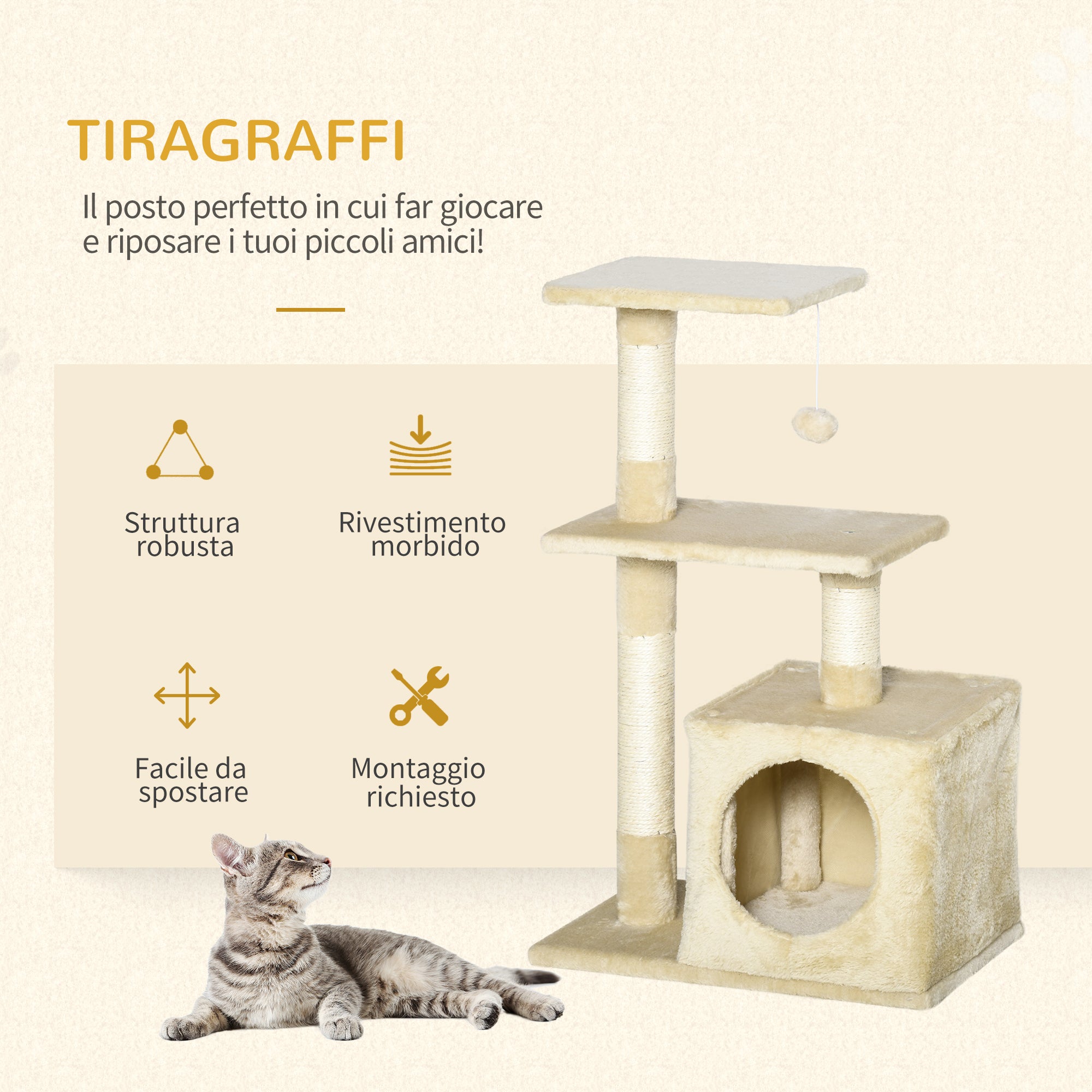 Albero Tiragraffi con Cuccia per Gatti in Legno Sisal 50x30x80 cm  Beige