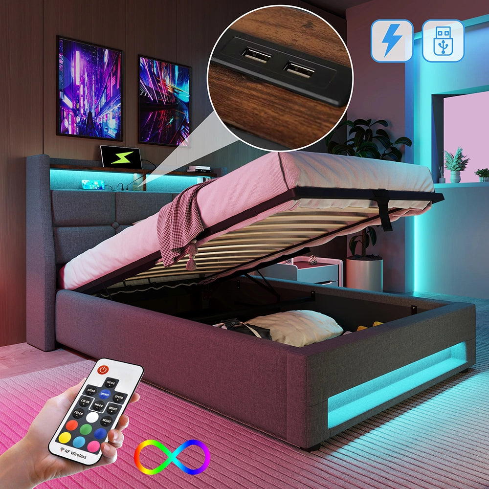 Letto a cassone imbottito - Xylo - 90x200 cm - Grigio - USB, LED, sommier a doghe metalliche