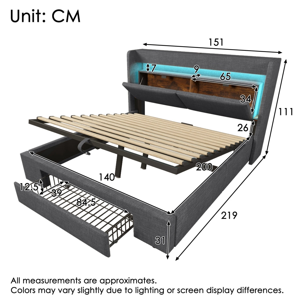 Letto matrimoniale 140x200 cm con contenitore idraulico; LED; prese USB e USB-C; grigio in lino; con materasso