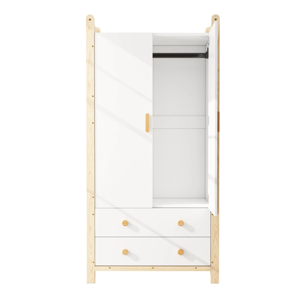 ARMADIO 2 ante con asta appendiabiti e 2 cassetti 90x45x180 cm bianco/pino
