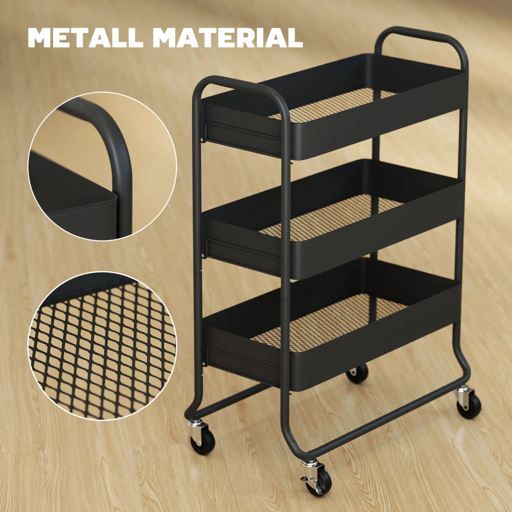 Carrello per Cucina con 3 Cestelli e 4 Ruote ¨C zephmum ¨C Nero, Metallo