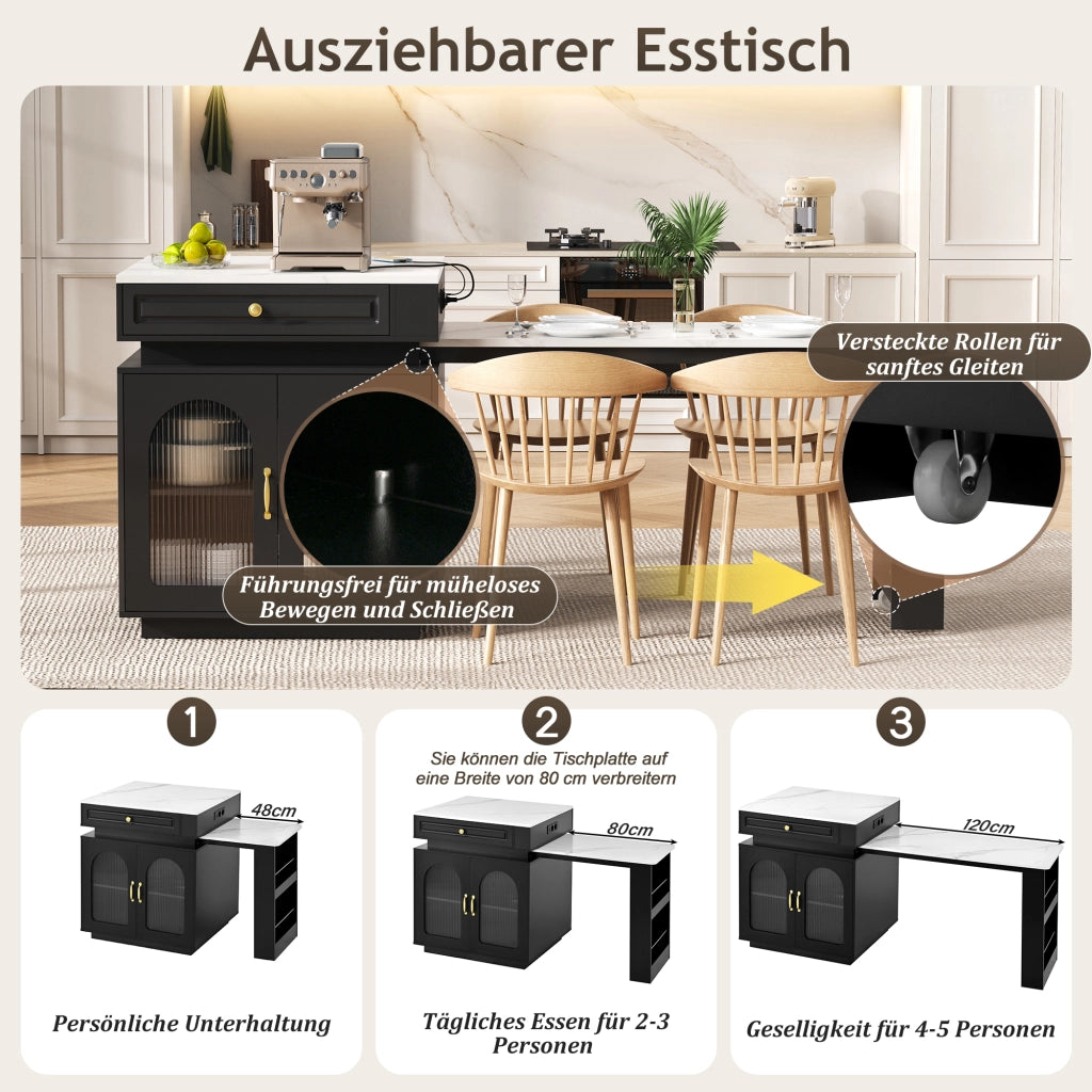 Tavolo da pranzo - isola cucina su ruote - estraibile con LED - bar con prese - nero - anta e sideboard