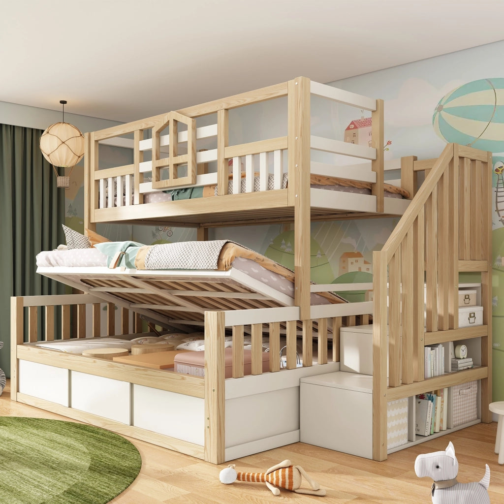 Letto a castello per bambini, 90/140 x 200 cm, con sponde di protezione e spazio contenitivo, bianco e color legno