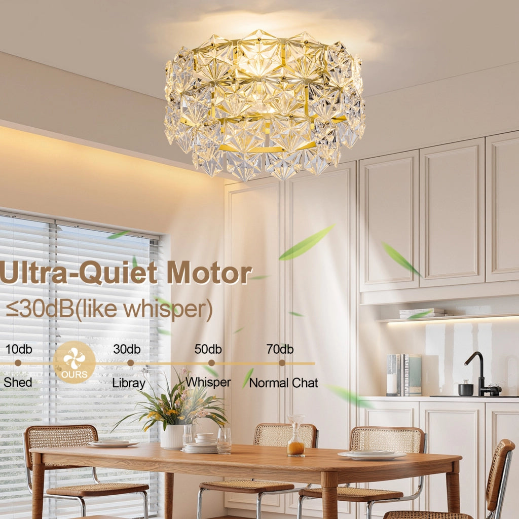 Ventilatore da soffitto con luce a cristalli, controllo App/telecomando, 6 velocità, oro