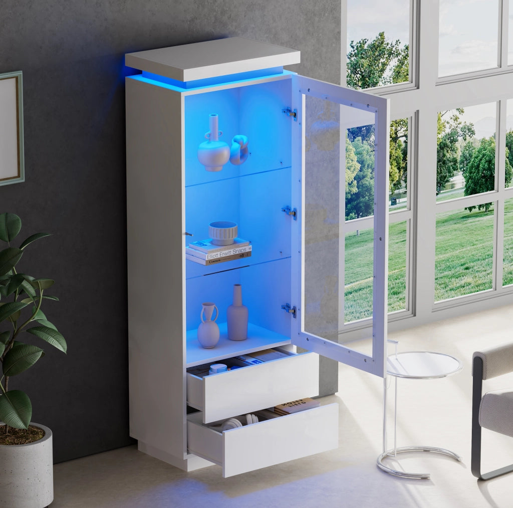 Vetrina alta 60x40x171 cm con 2 cassetti; LED controllato da app; bianco lucido