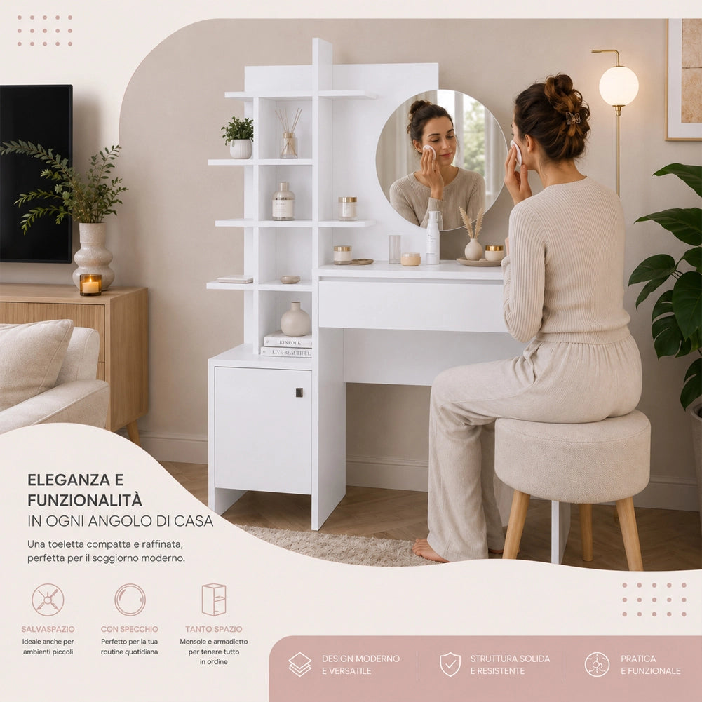 Postazione Make Up con Specchio Rotondo Bianco Tolette con Mensole 105x35x151 cm